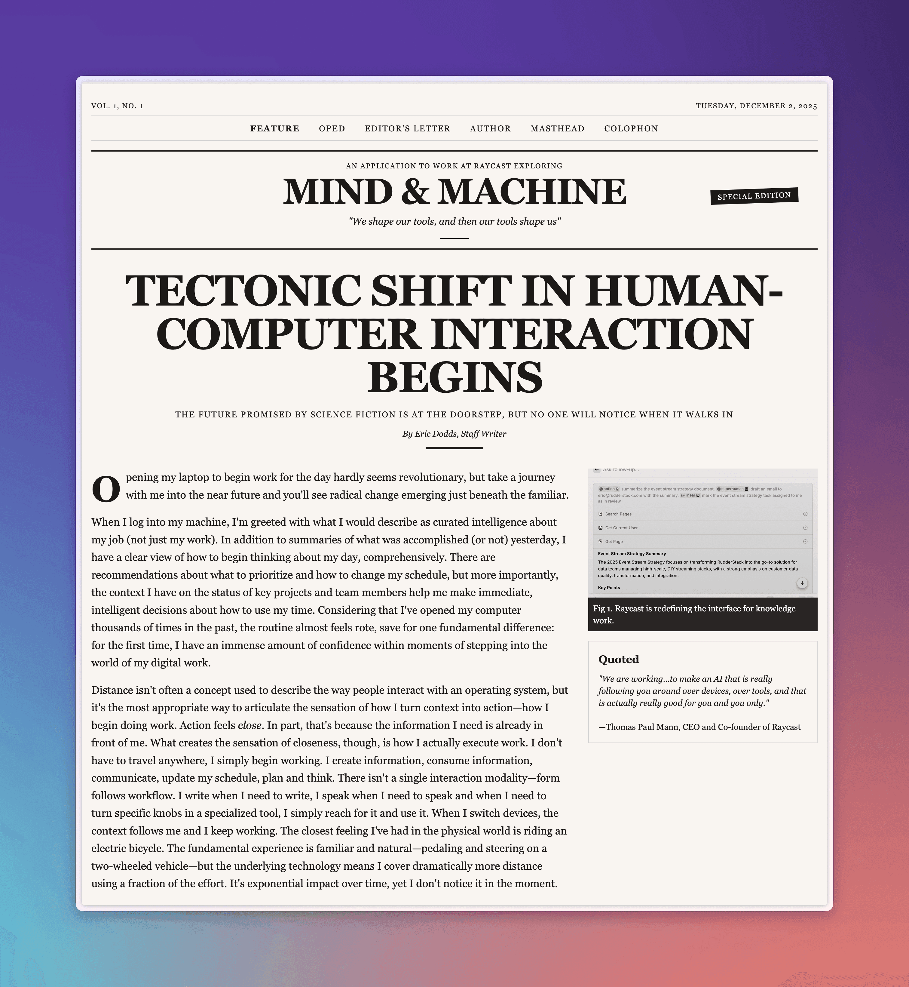 My rejected Raycast job application - a concept publication called Mind & Machine