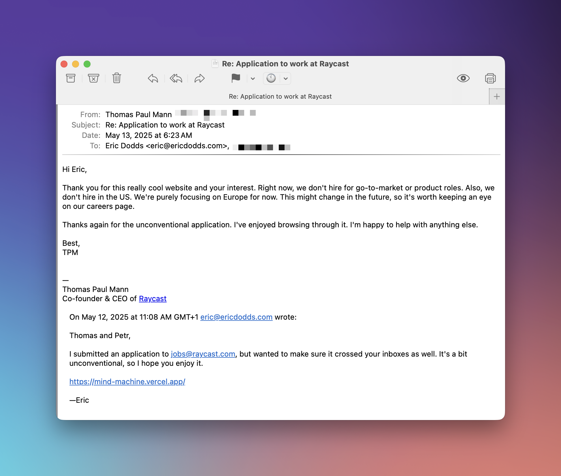 My rejected Raycast job application - a response from Thomas Paul Mann